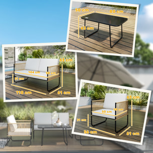 Salon de jardin 4 personnes 4 pièces style colonial acier noir résine filaire naturel