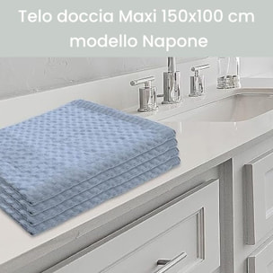 Telo doccia maxi in cotone spugna assorbente e morbido, asciugamano bagno grande e avvolgente, elevata capacità di assorbenza 300 gr/mq, ideale per doccia e bagno, confortevole sulla pelle, resistente ai lavaggi, dimensioni 150x100 cm
