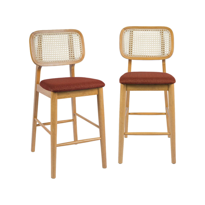 Tabouret de bar bois d'hévéa cannage et tissu 66,5cm (lot de 2) MANI