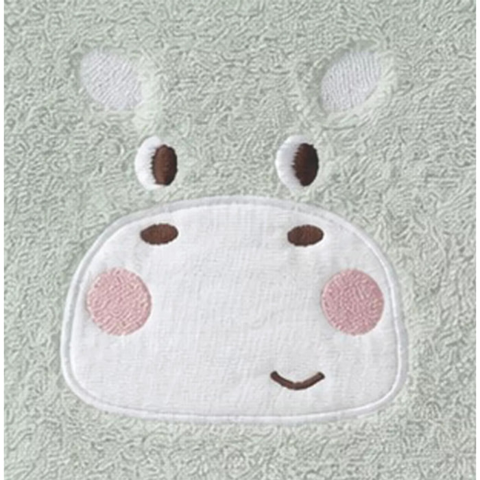 Serviette eponge enfant pur coton 500 g/m² brodé vert Petit hippo vert d'eau