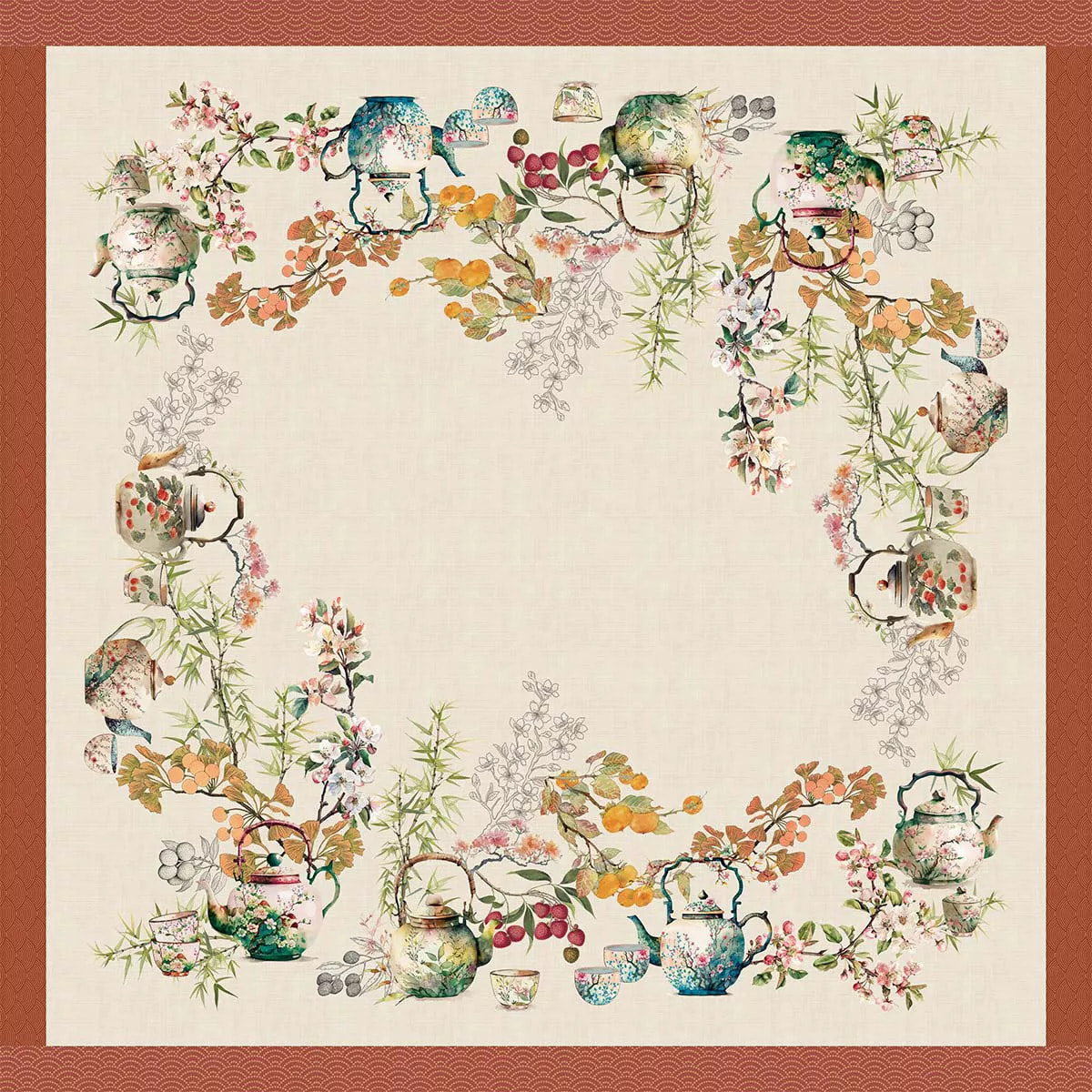 Nappe lin & coton lavé 190 g/m² imprimé vert orange Theieres rouille