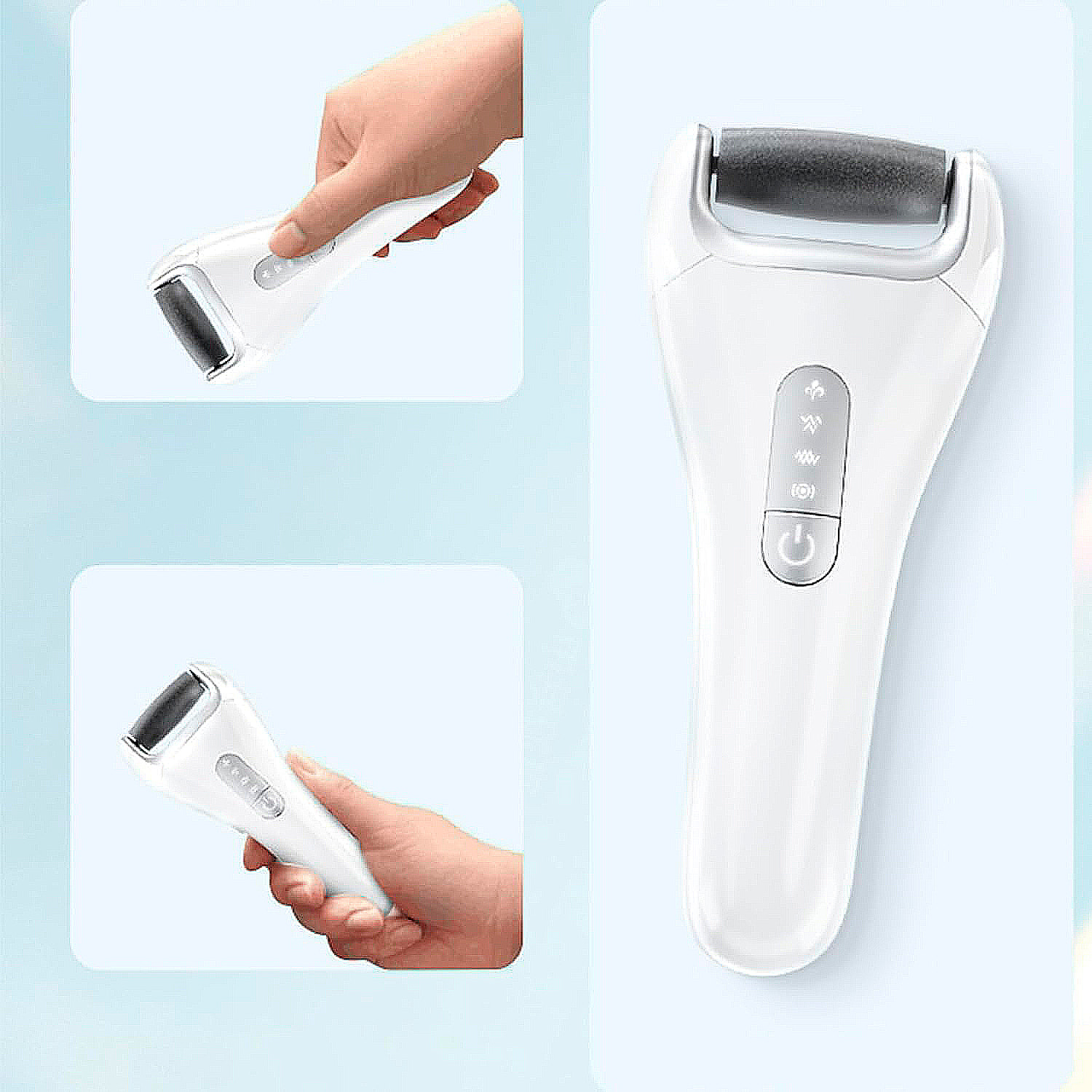 Lima elettrica per calli e duroni ai piedi. 4 intensità e batteria ricaricabile. Con base di supporto.