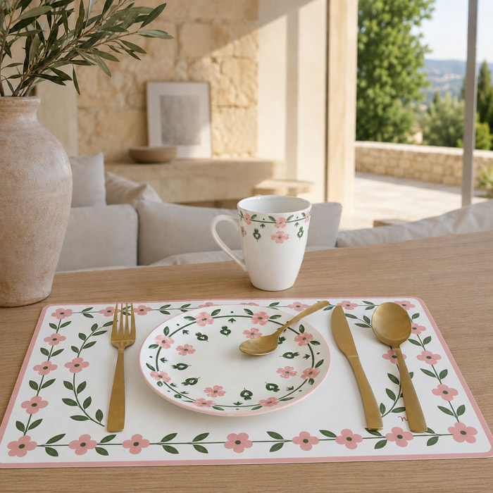 Lot de 6 assiettes à dessert 19cm en porcelaine blanc et rose floral PRIMAVERA
