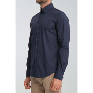Camicia Uomo 2 Bottoni Button Down Slim Popeline Stretch Unito Blu