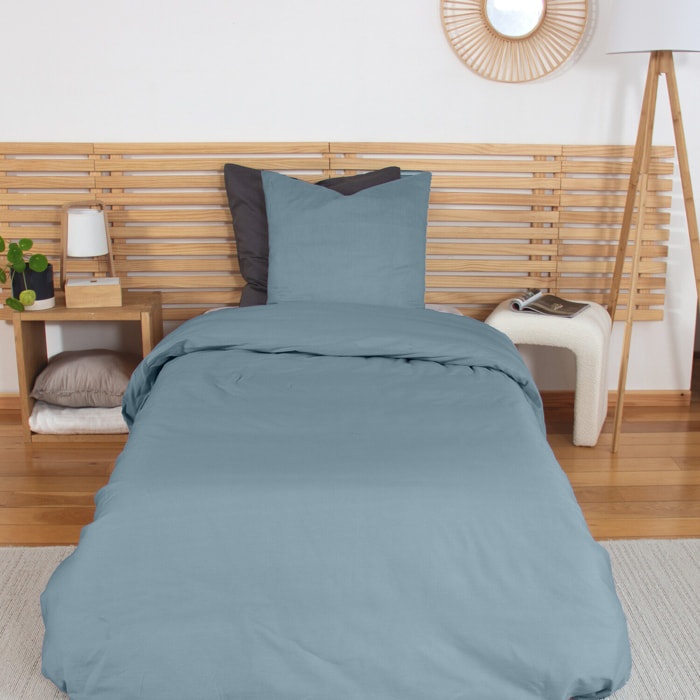 Parure housse de couette coton bleu fumé
