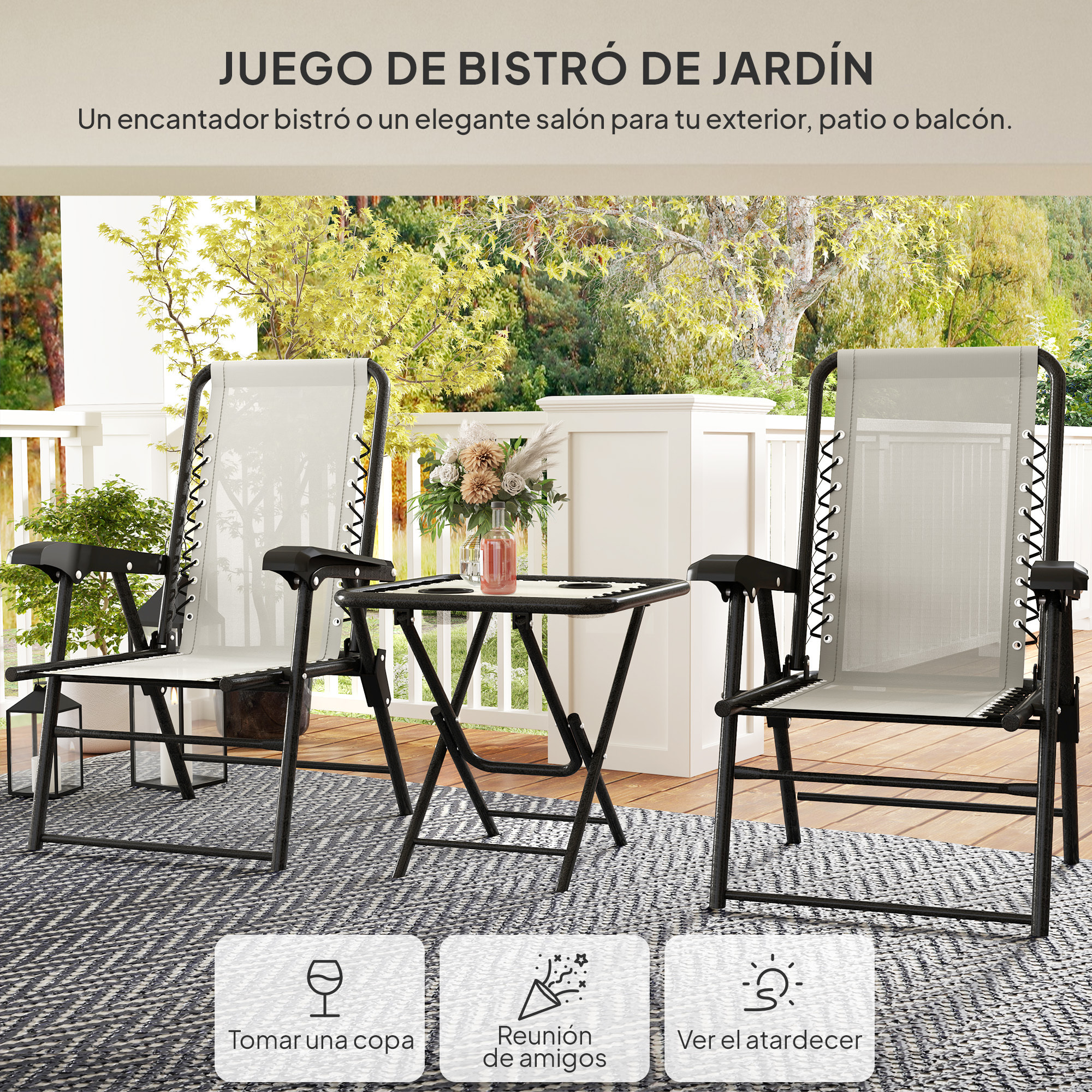 Conjunto de Mesa y Sillas de Terraza Exterior de 3 Piezas Muebles de Jardín Exterior Plegables con Estructura de Acero y Portavasos para Patio Crema