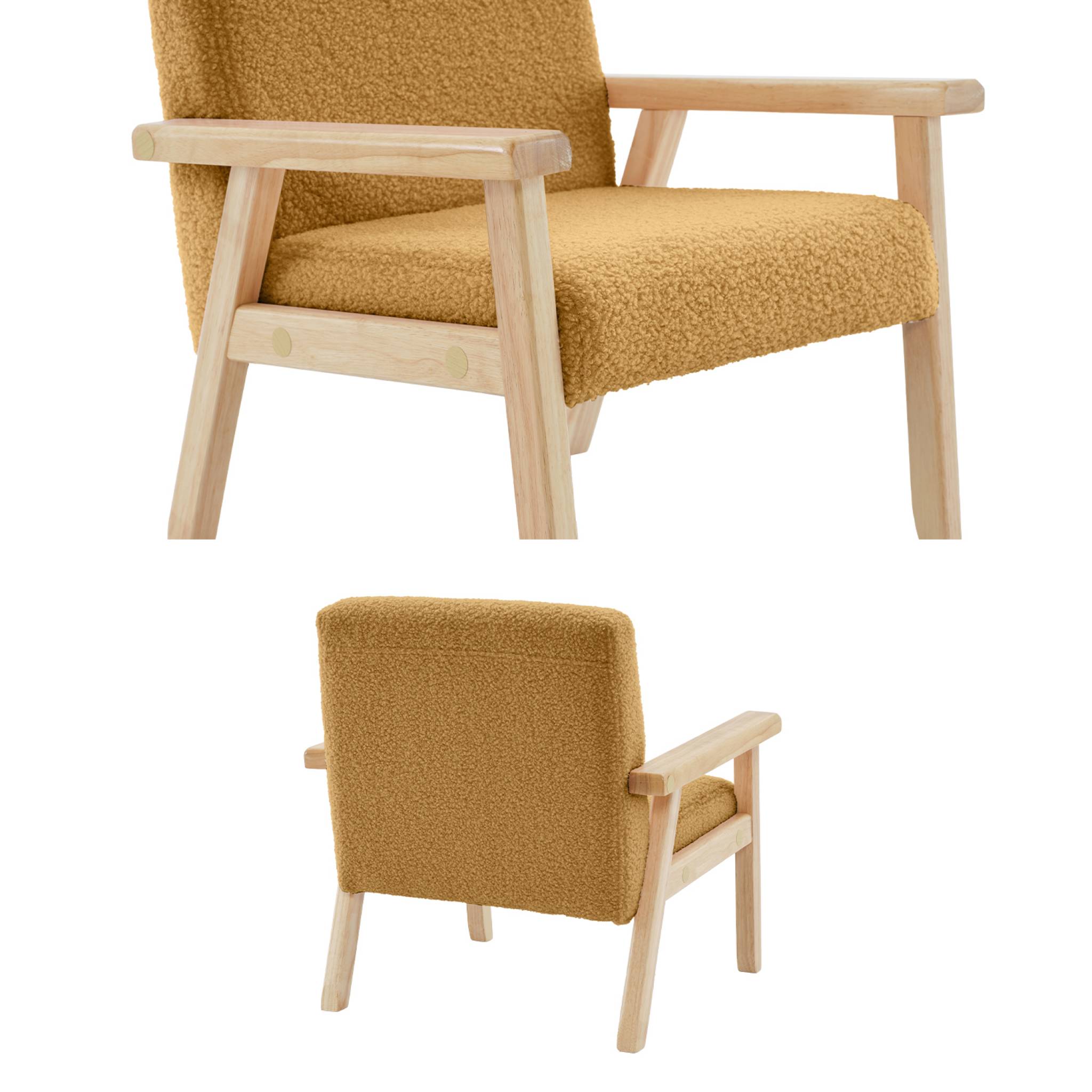 Fauteuil enfant en bois et tissu bouclette moutarde. ISAK L 47 x P 43.5 x H 50cm