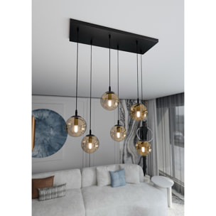 Lampada a sospensione Cosmo in acciaio nero con diffusori in vetro ambrato