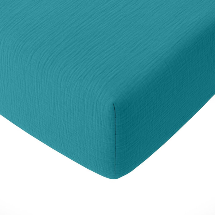 Drap Housse - Bonnet:30cm 100% gaze De Coton bleu Enamel