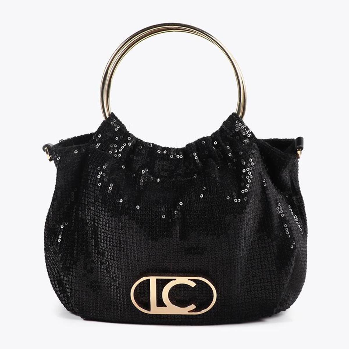 Borsetta in tessuto di paillettes con manico circolare