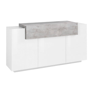 Credenza moderna a 4 ante con ribalta, Made in Italy, Madia da cucina, Buffet di design da soggiorno, cm 160x45h86, colore Bianco lucido e Cemento