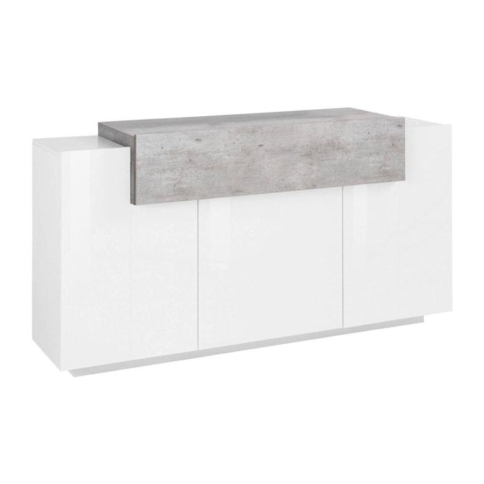 Credenza moderna a 4 ante con ribalta, Made in Italy, Madia da cucina, Buffet di design da soggiorno, cm 160x45h86, colore Bianco lucido e Cemento