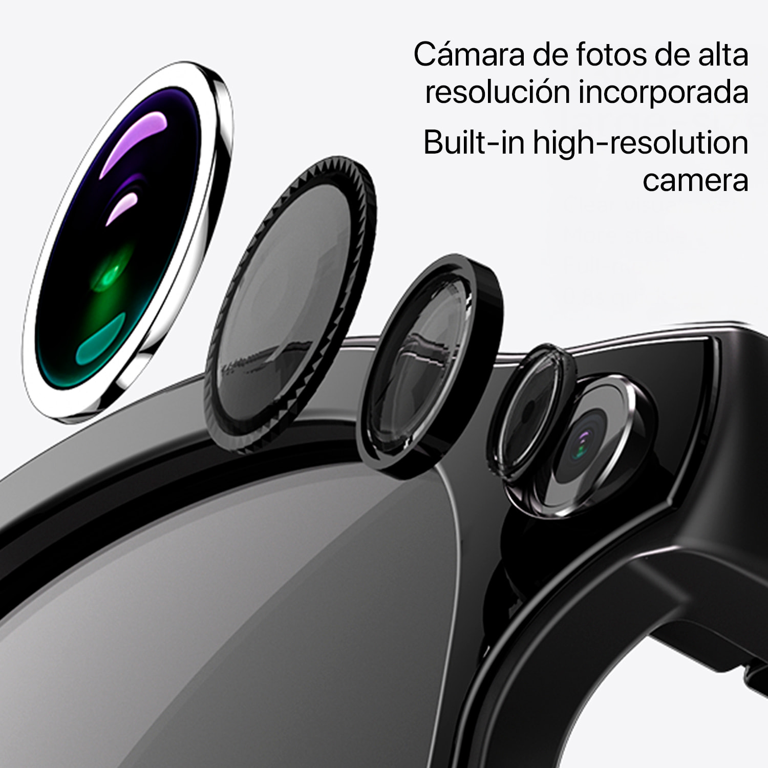 Occhiali intelligenti W93 con fotocamera da 8 MP per foto e video a 1200p. 16 GB di memoria interna. Traduttore in tempo reale con assistente vocale intelligente e 3 tipi di lenti.