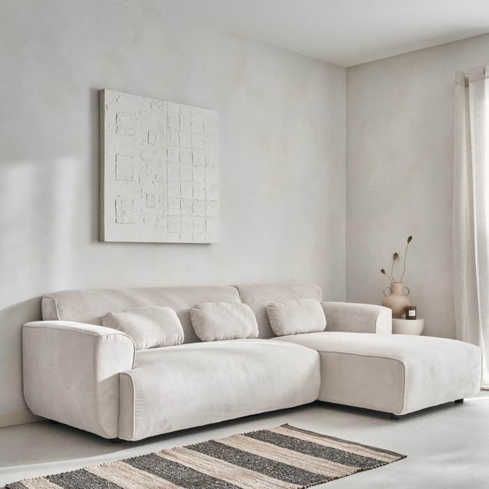 Canapé d'angle droit. 2 à 3 places. velours côtelé blanc crème. Wallas L 196 x P 151 / 91 / x H 73cm