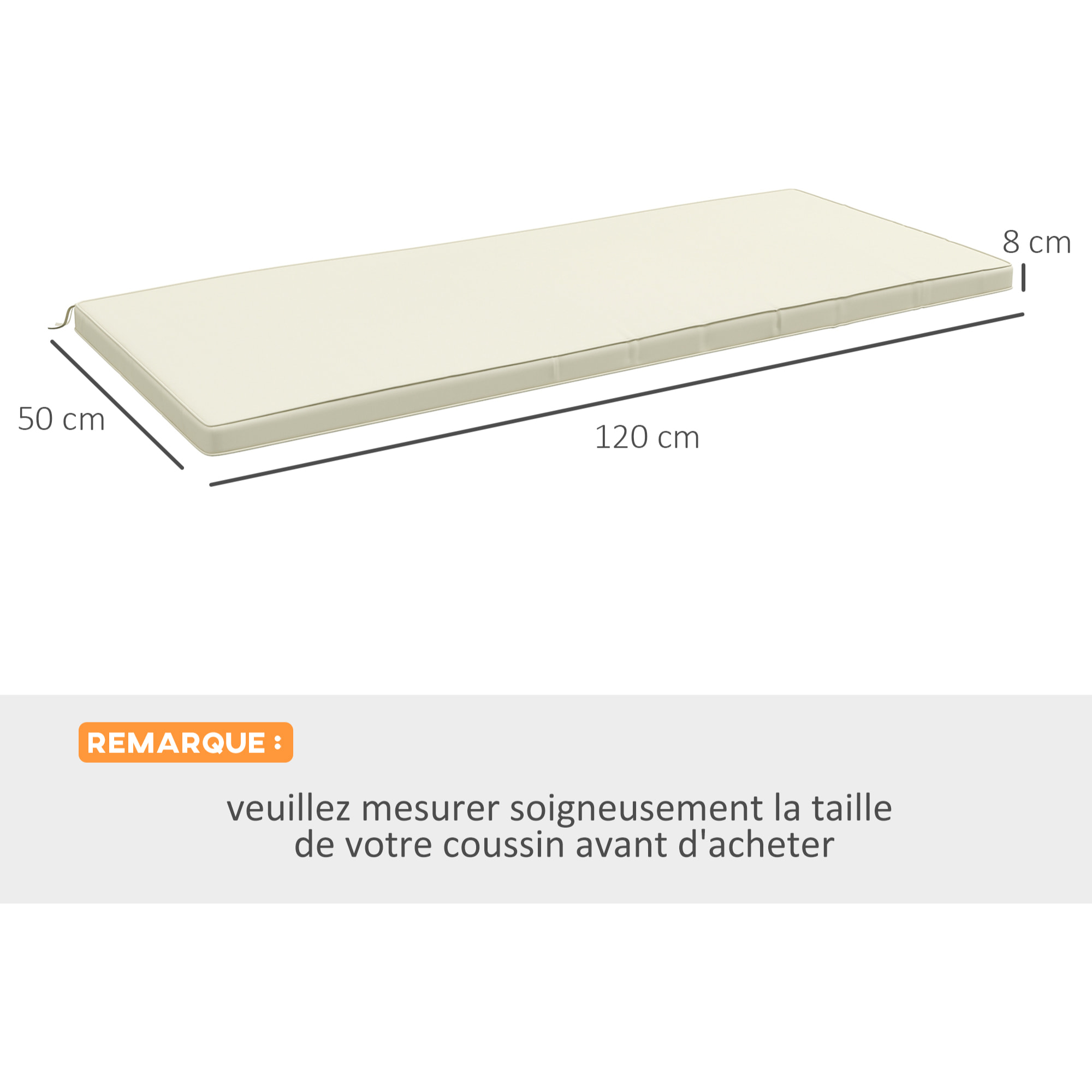 Coussin de banc de jardin déhoussable - coussin balancelle - dim. 120L x 50l cm - rembourrage 8 cm - cordons d'attache - polyester crème