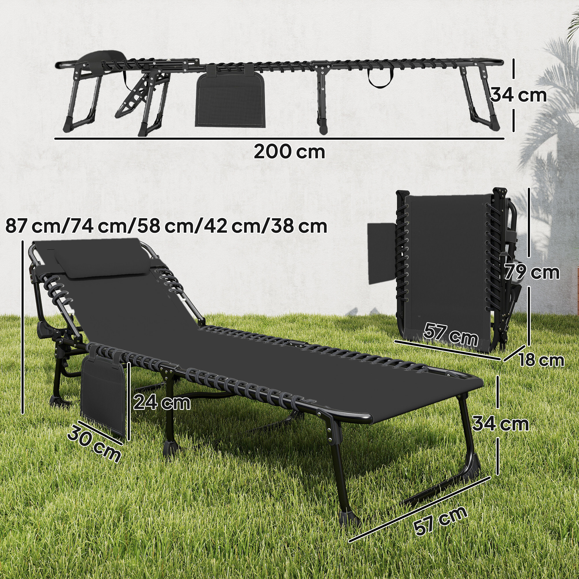 Set de 2 Tumbonas Jardín Exterior, Tumbonas Plegables con Reposacabezas y Bolsillo Lateral, Respaldo Reclinable 5 Posiciones y Asiento de Malla Transpirable para Playa, Piscina, Negro