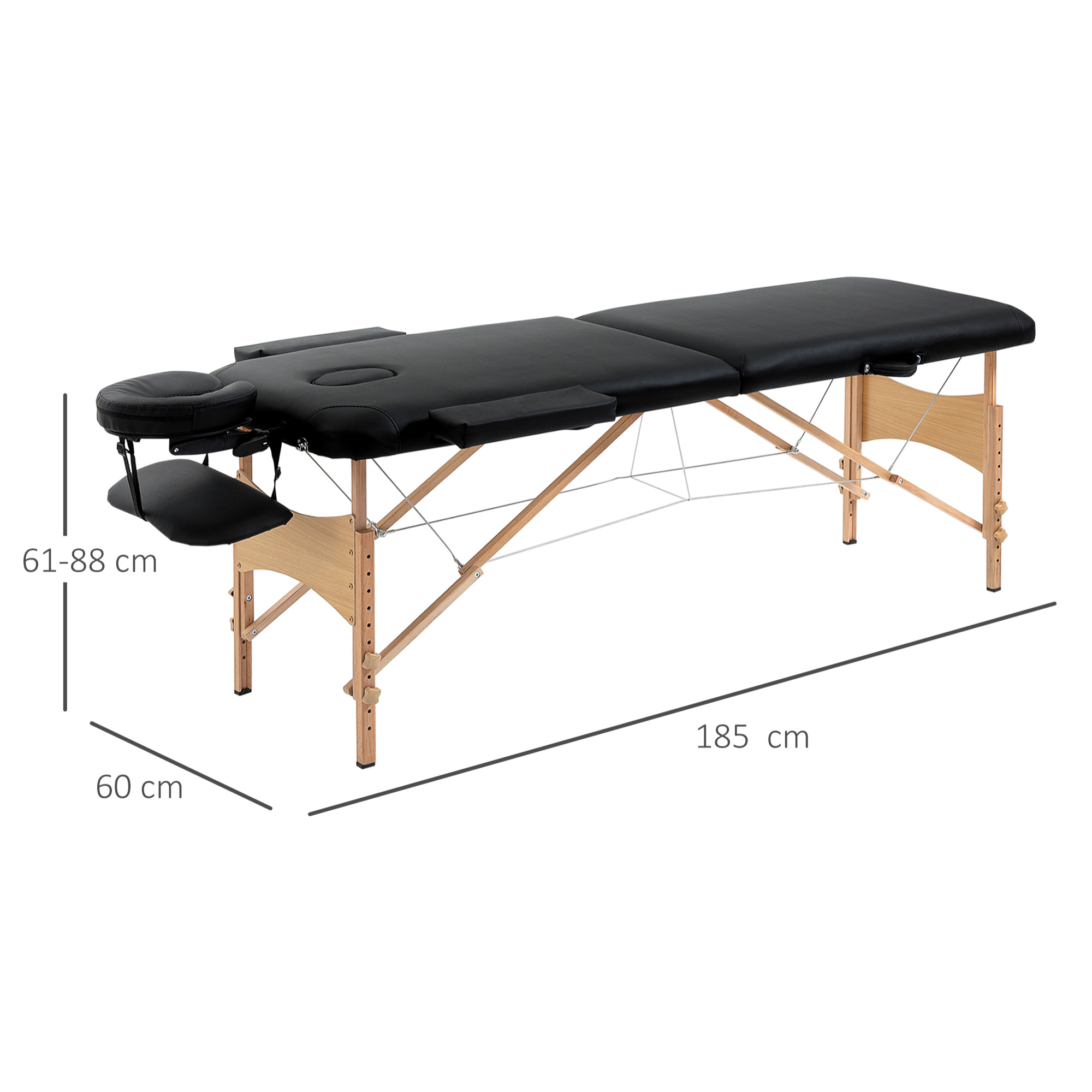 Table de massage pliante lit table de beauté 2 zones portable sac de tranport inclus hauteur réglable dim. 185L x 60l x 61-88H cm bois massif revêtement synthétique noir