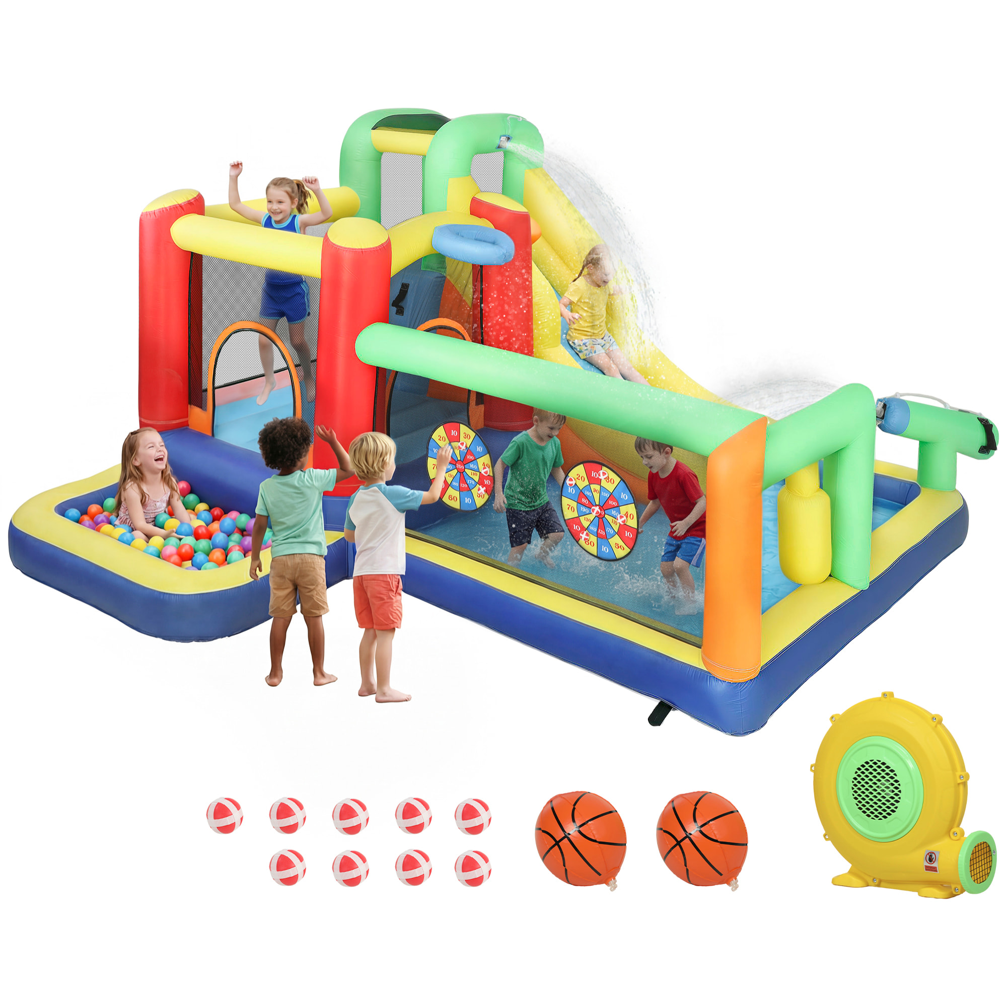 Castillo Hinchable Acuático con Soplador 550W 9 en 1 Castillo Hinchable para Niños con Tobogán Trampolín Escalada 2 Piscinas Canasta Columna de Boxeo Dardos Exterior Interior 330x290x185 cm