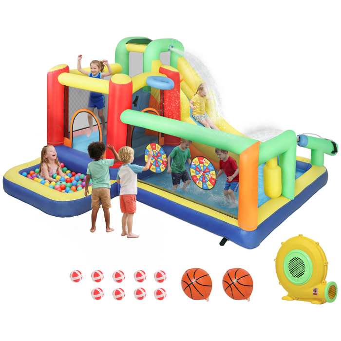 Castillo Hinchable Acuático con Soplador 550W 9 en 1 Castillo Hinchable para Niños con Tobogán Trampolín Escalada 2 Piscinas Canasta Columna de Boxeo Dardos Exterior Interior 330x290x185 cm
