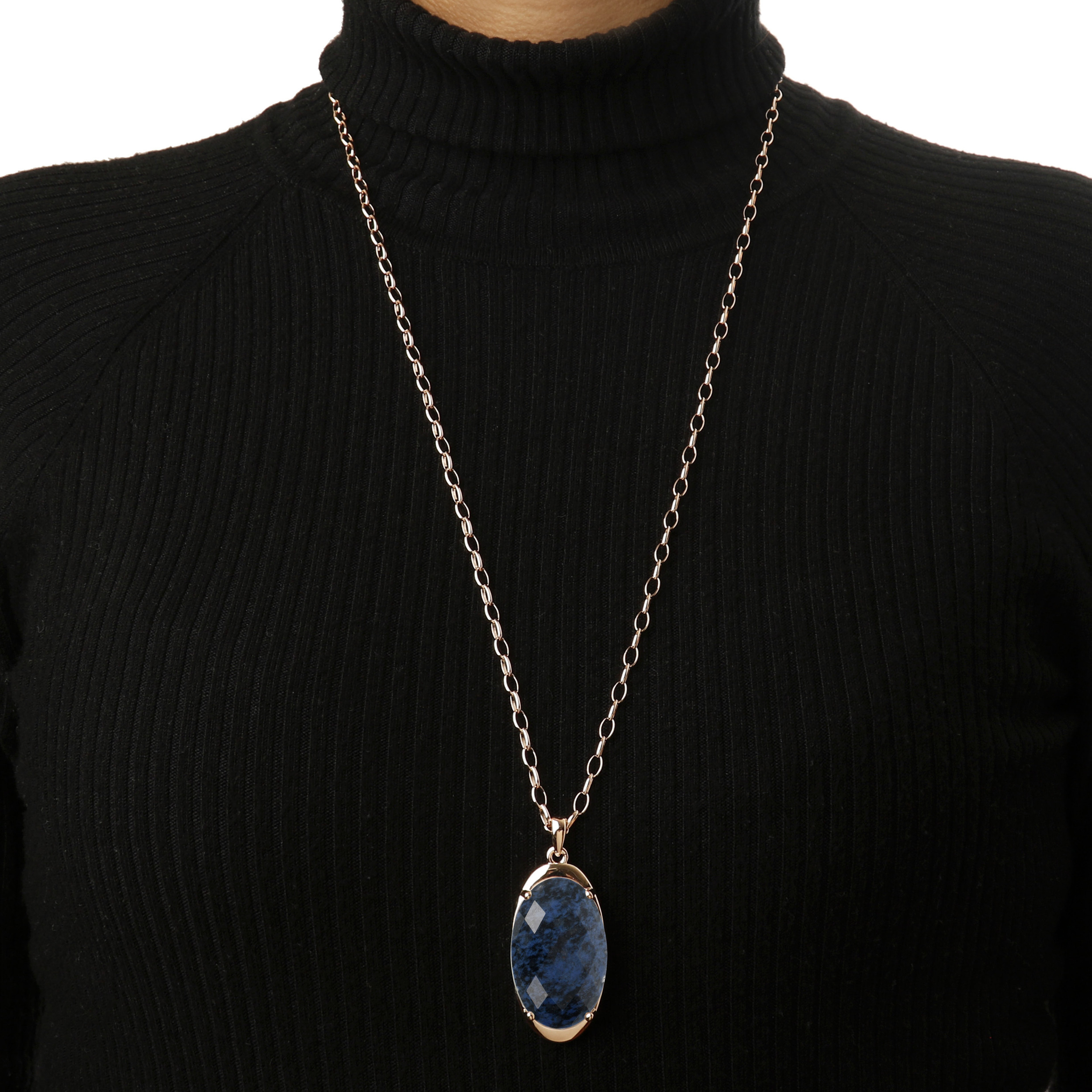 Collana Lunga Catena Rolo con Pendente in Pietra Naturale Ovale Dumortierite