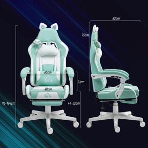 Silla Gaming con Orejas Silla Gamer Reclinable con Altura Ajustable Reposapiés Retráctil Soporte Lumbar y Reposacabezas Desmontable Silla para Oficina Estudio Azul Claro