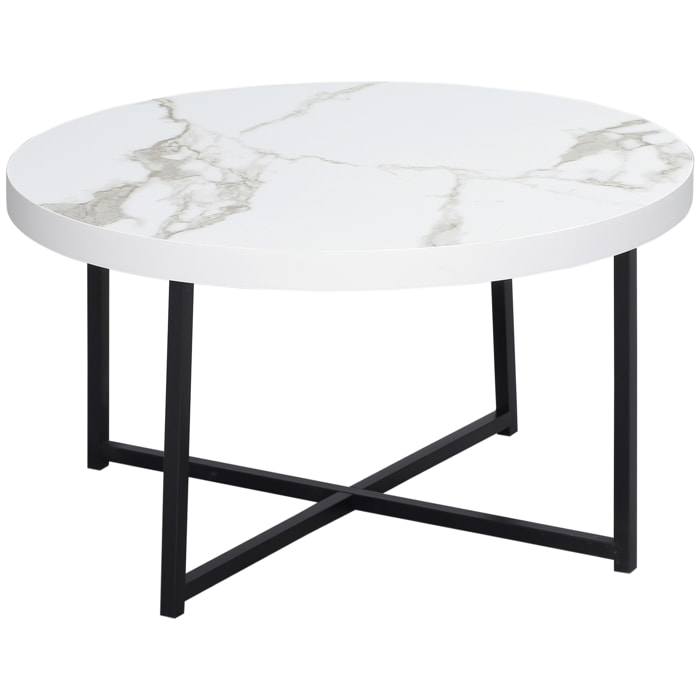 HOMCOM Mesa de Centro Mesa de Salón Redondo con Encimera Símil Mármol y Marco de Metal para Oficina Dormitorio Comedor Estilo Moderno 80x80x45 cm Blanco