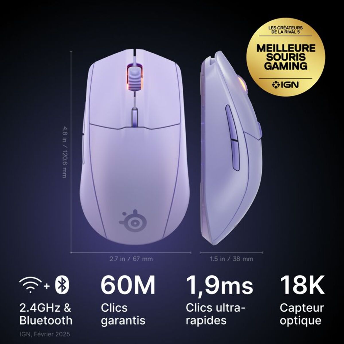 Souris Gamer Sans Fil STEELSERIES Rival 3 WL Gen 2 Lavande