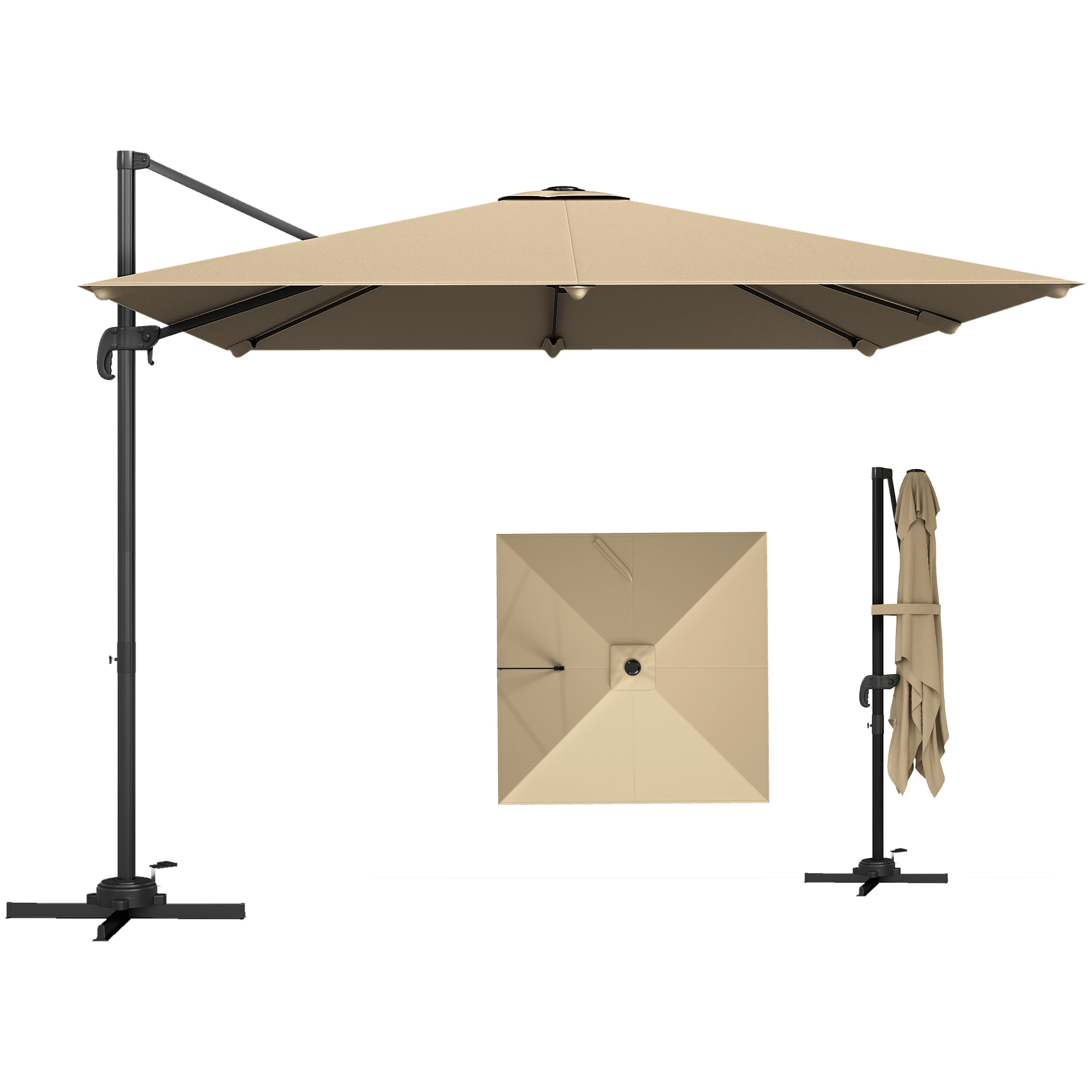 Parasol déporté pivotant inclinable 3 x 3 m alu métal polyester kaki