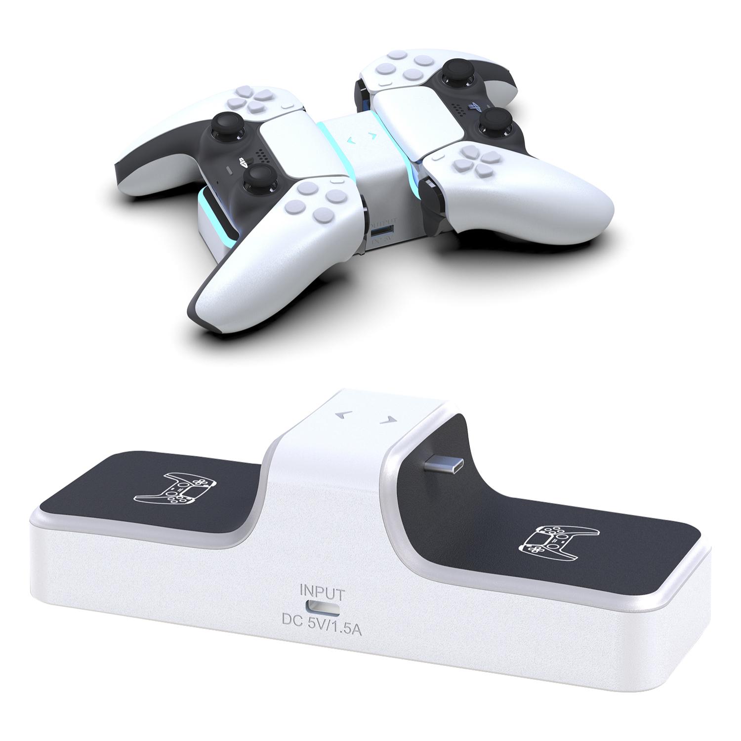 Cargador dual para 2 mandos de PS5. Incluye salida de carga USB.