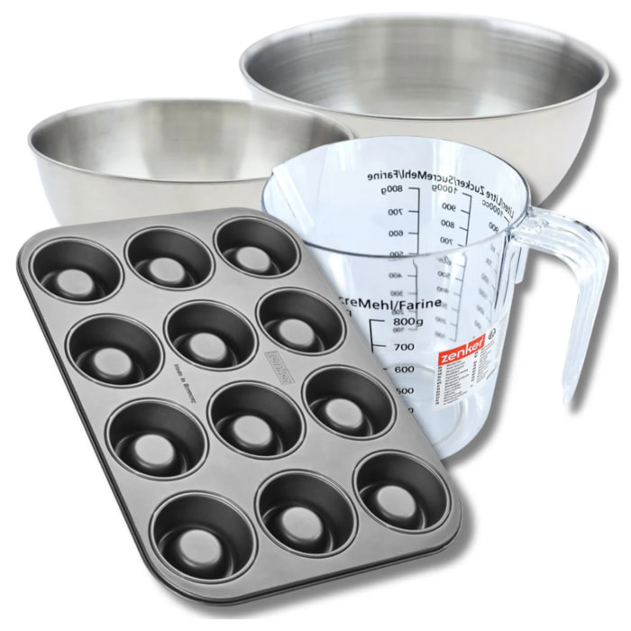Set pâtisserie avec moule à 12 babas au rhum 38,5 x 26,5 cm en acier, 2 bols à mixer, verre mesureur et spatule Zenker