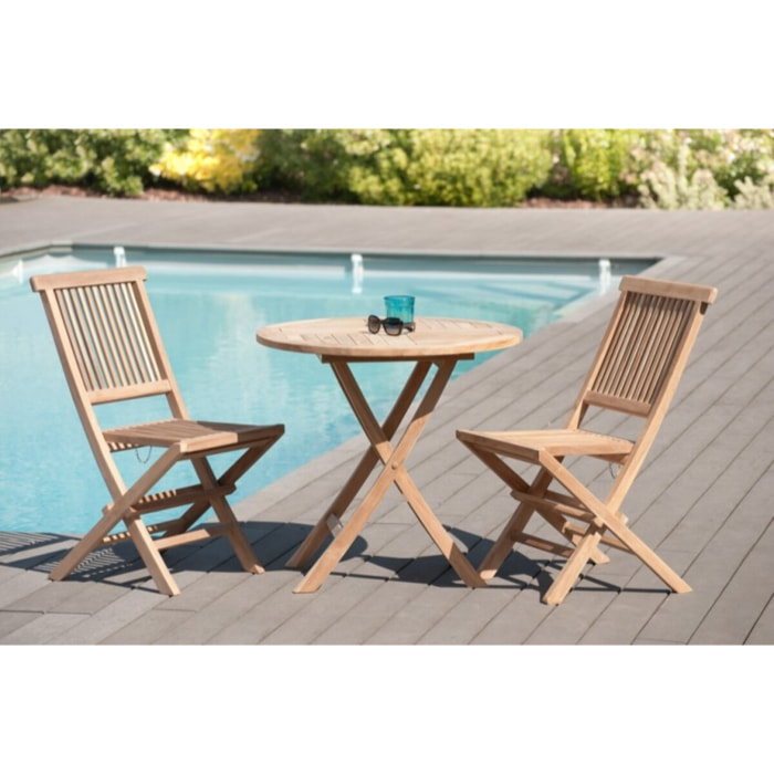 FUN - Table de jardin 2 personnes, ronde pliante 80 x 80 cm en bois Teck