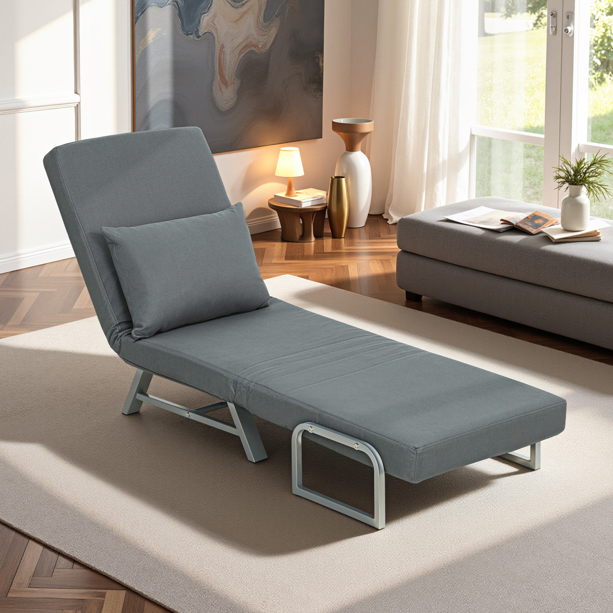 Fauteuil chauffeuse convertible inclinable coussin lombaires accoudoirs piètement métal lin gris foncé
