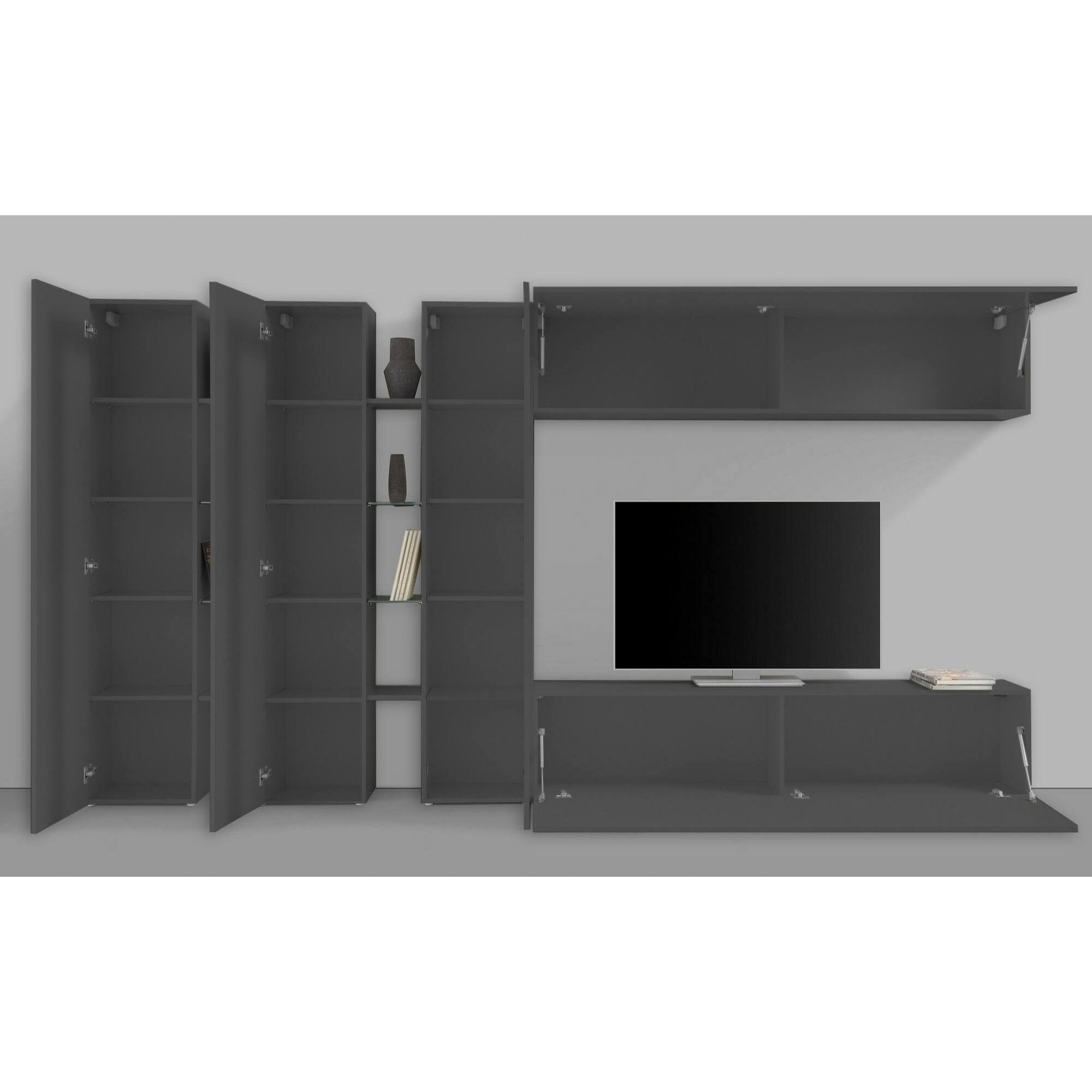 Parete attrezzata Carmelo, Set salotto porta TV a 5 ante, Mobile soggiorno multiuso, 100% Made in Italy, cm 340x30h180, Antracite