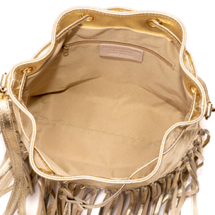 Arzana bolso bandolera piel auténtica gamuza laminada. Diseño exclusivo fruncido y borlas.