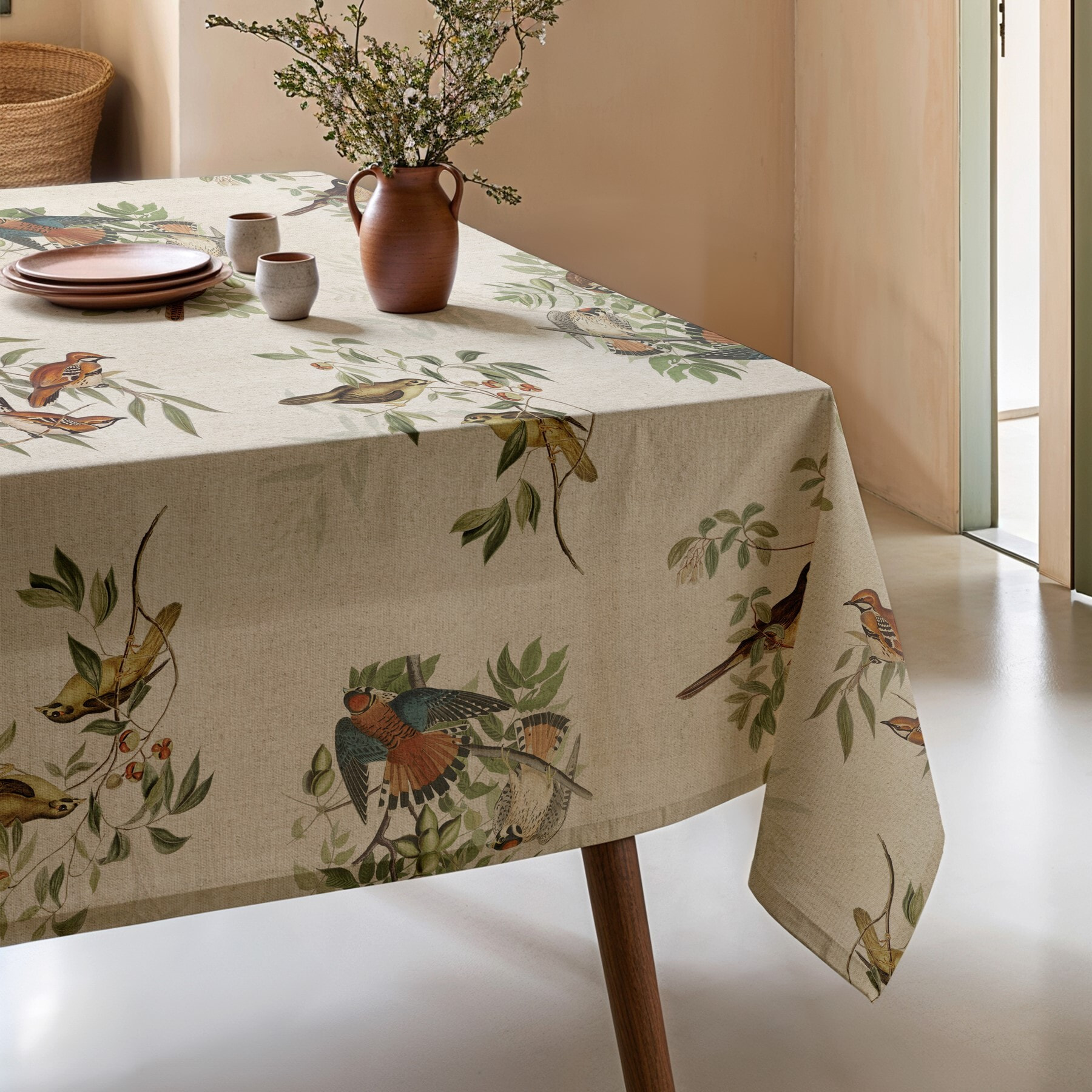 Mantel estampado antimanchas BIRD NATURAL