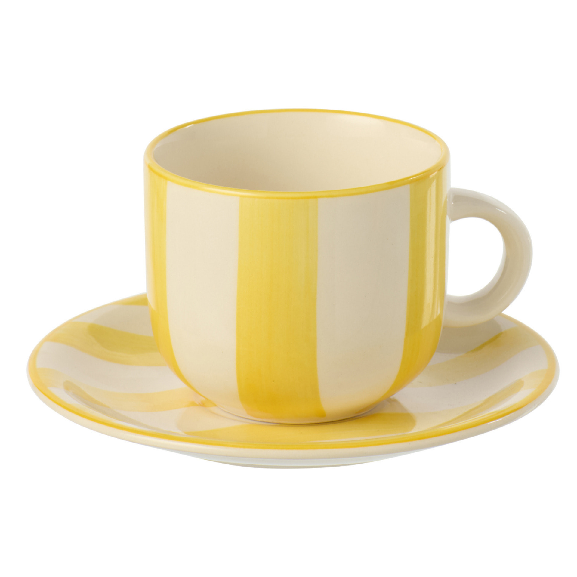 J-Line Tasse + Sous-tasse Ligné - céramique - jaune/blanc - 6 pièces