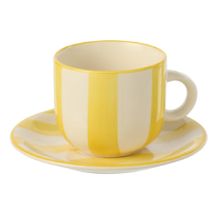 J-Line Tasse + Sous-tasse Ligné - céramique - jaune/blanc - 6 pièces