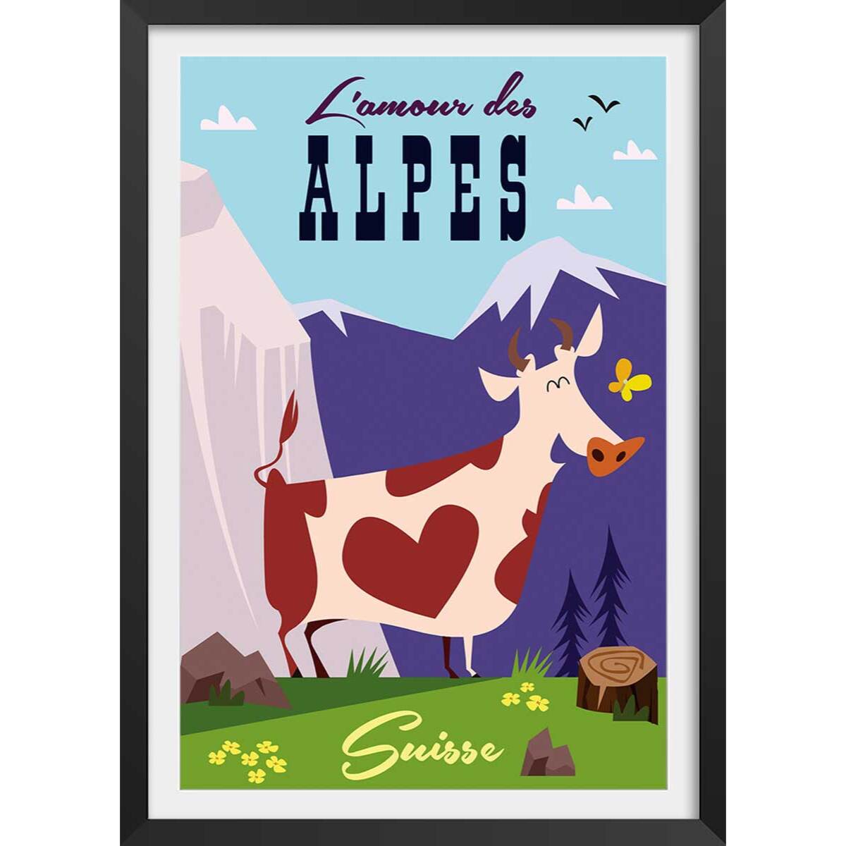 Poster de l'amour des alpes suisse Affiche + cadre en bois - Noir