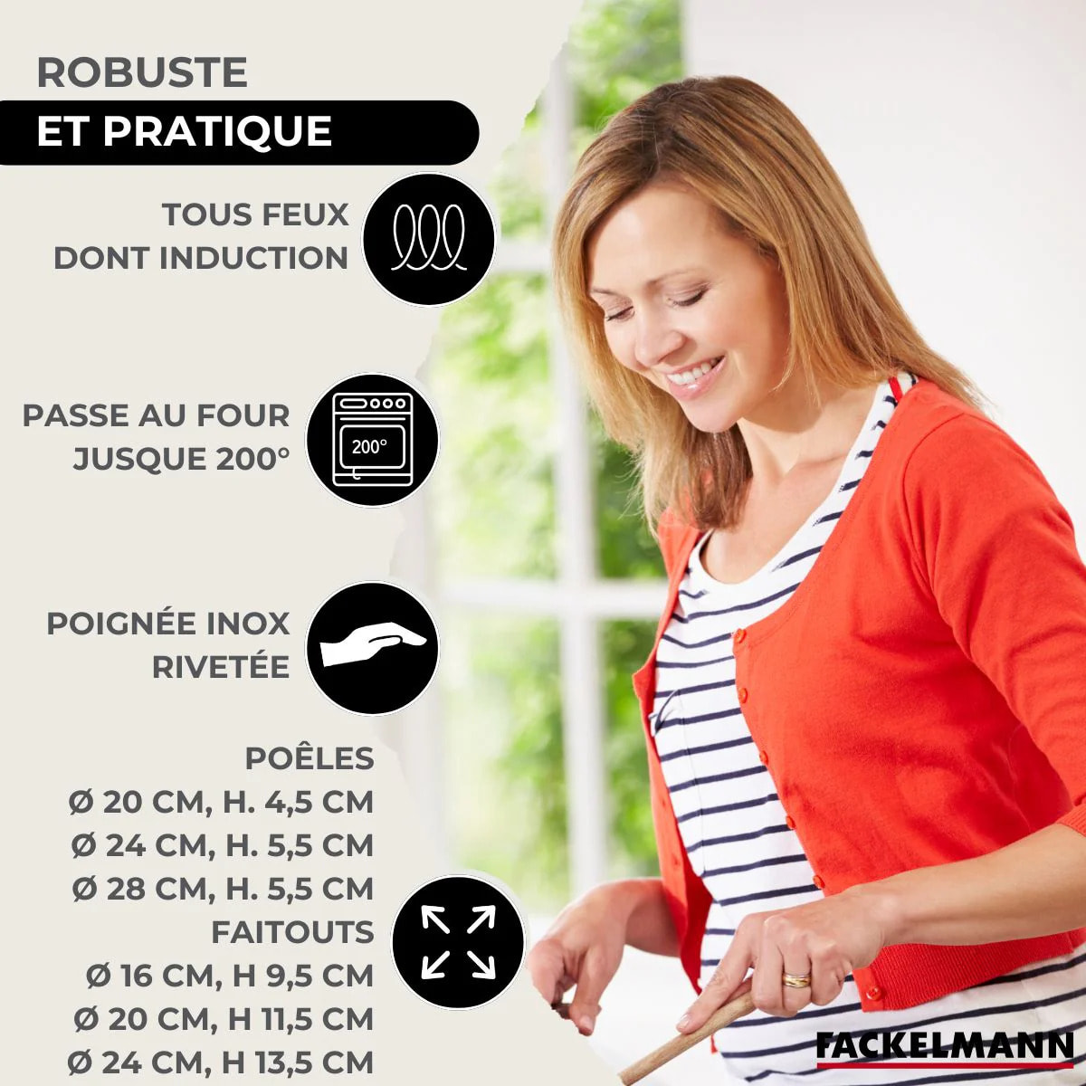 Lot de 3 Poêles 20/24/28cm et 3 Faitouts 16/20/24cm avec couvercles Fackelmann Etherna avec 5 ustensiles