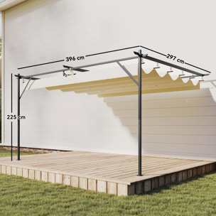 Pérgola de Pared de Jardín 4x3 m, Cenador de Jardín con Techo Retráctil, Protección UPF30+, Orificios de Drenaje y Estructura Metálica, Pabellón para Patio, Terraza, Exterior, Blanco Crema