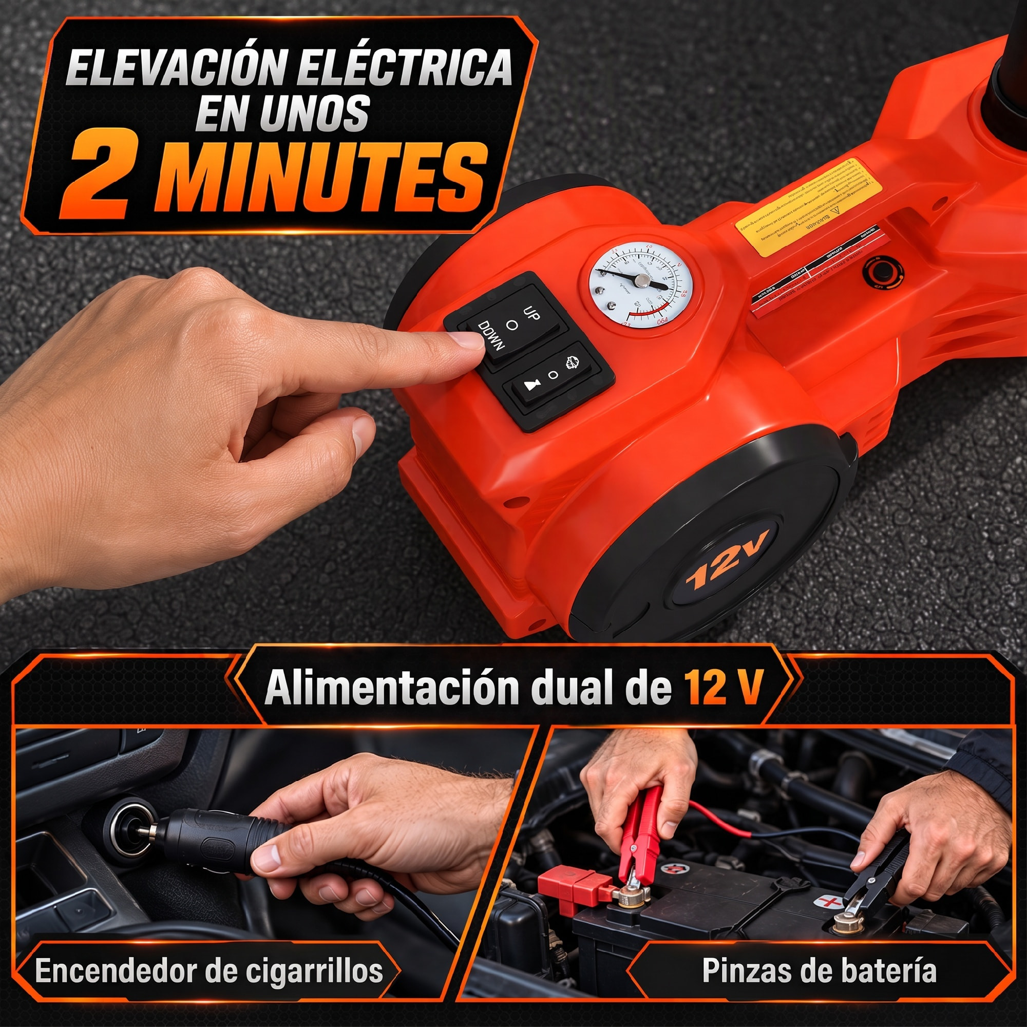 HOMCOM Kit de Gato Hidráulico Eléctrico de 5T 12V, Elevador de Coche Automático 155-450 mm, Gato Elevador con Bomba Aire, Llave Hexagonal, Martillo de Seguridad y Maletín Reflectante para SUV y Sedán