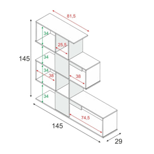 Libreria Pueblo, Mobile portalibri con 7 scomparti, Scaffale moderno da ufficio, Mobile da parete con ripiani, cm 145x29h145, Bianco e Cemento