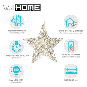 estrella navideña en color plata con 20 luces led blancas cálidas 30x8x30cm