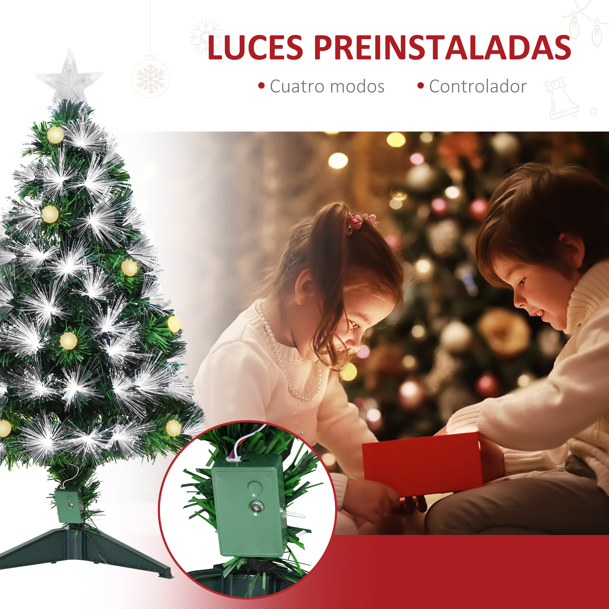Árbol de Navidad 90 cm Árbol de Navidad con Fibra Ã“ptica Árbol de Navidad Artificial con 90 Luces LED y 90 Ramas para Interior Verde y Blanco