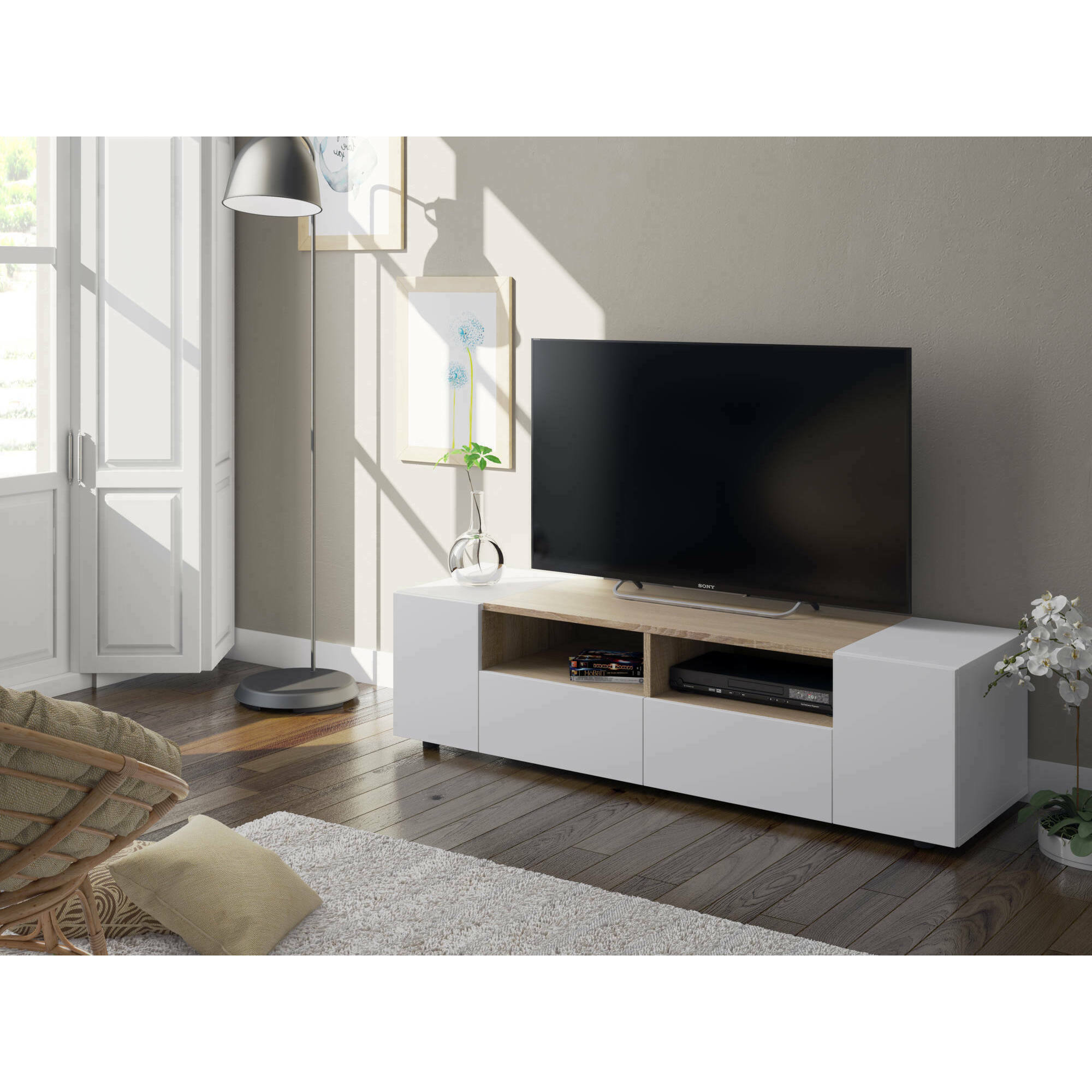 Mobile porta TV Topeka, Credenza per televisione da soggiorno, Supporto per TV moderno, Credenza bassa multiuso, cm 138x42h36, Bianco e Rovere