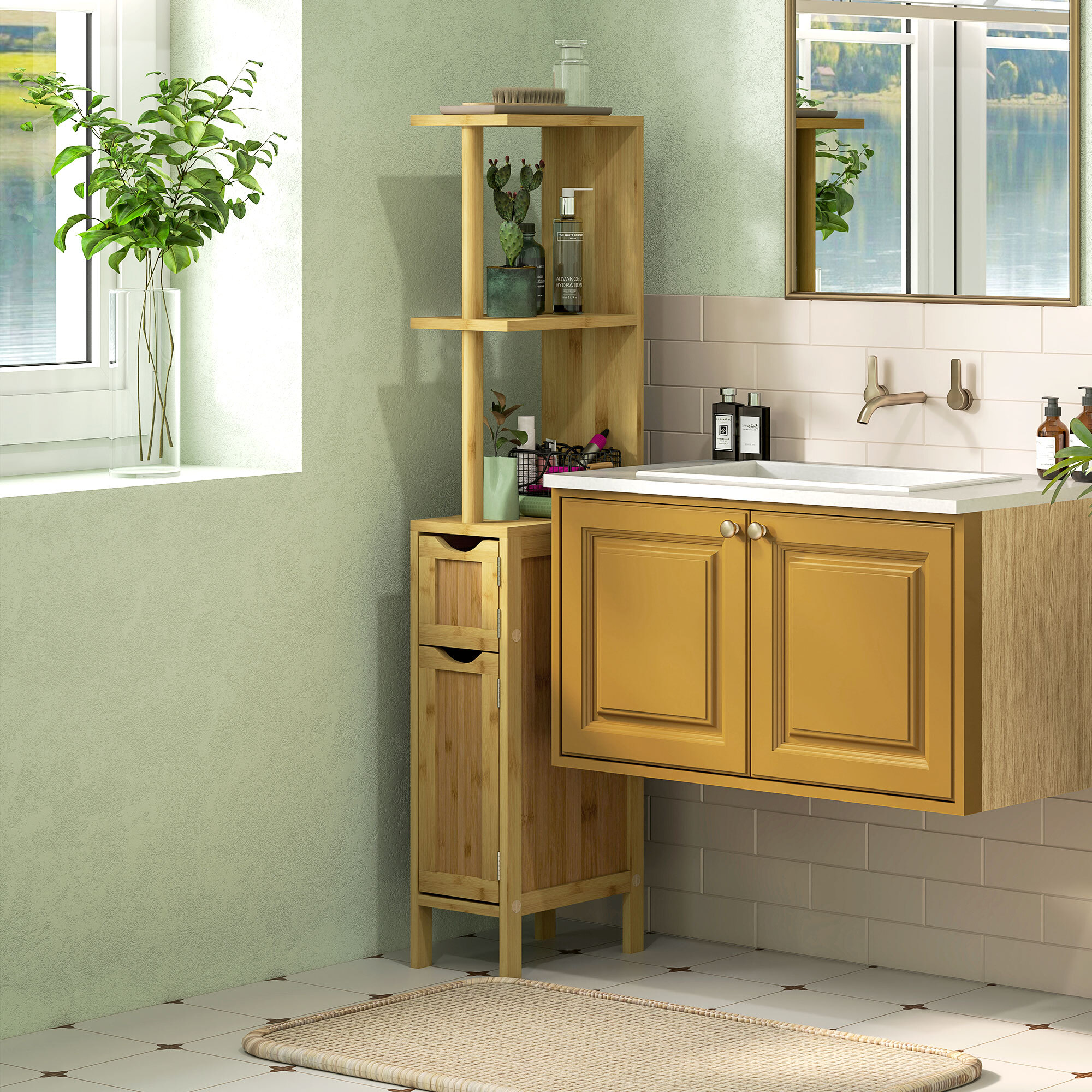 Columna de Baño Mueble de Baño con Puertas y Estantes Abiertos Armario de Baño Moderno 18x30x120 cm Natural