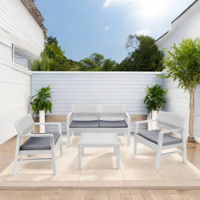 Set salotto da esterno Agnelo, Composizione da giardino con 2 poltrone, 1 divano ed 1 tavolino, Salottino effetto rattan con cuscini, 100% Made in Italy, Bianco