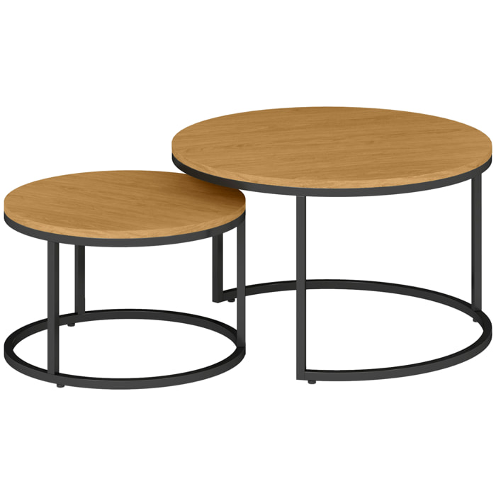Lot de 2 tables basses rondes gigognes empilables piètement acier plateau effet bois chêne moyen