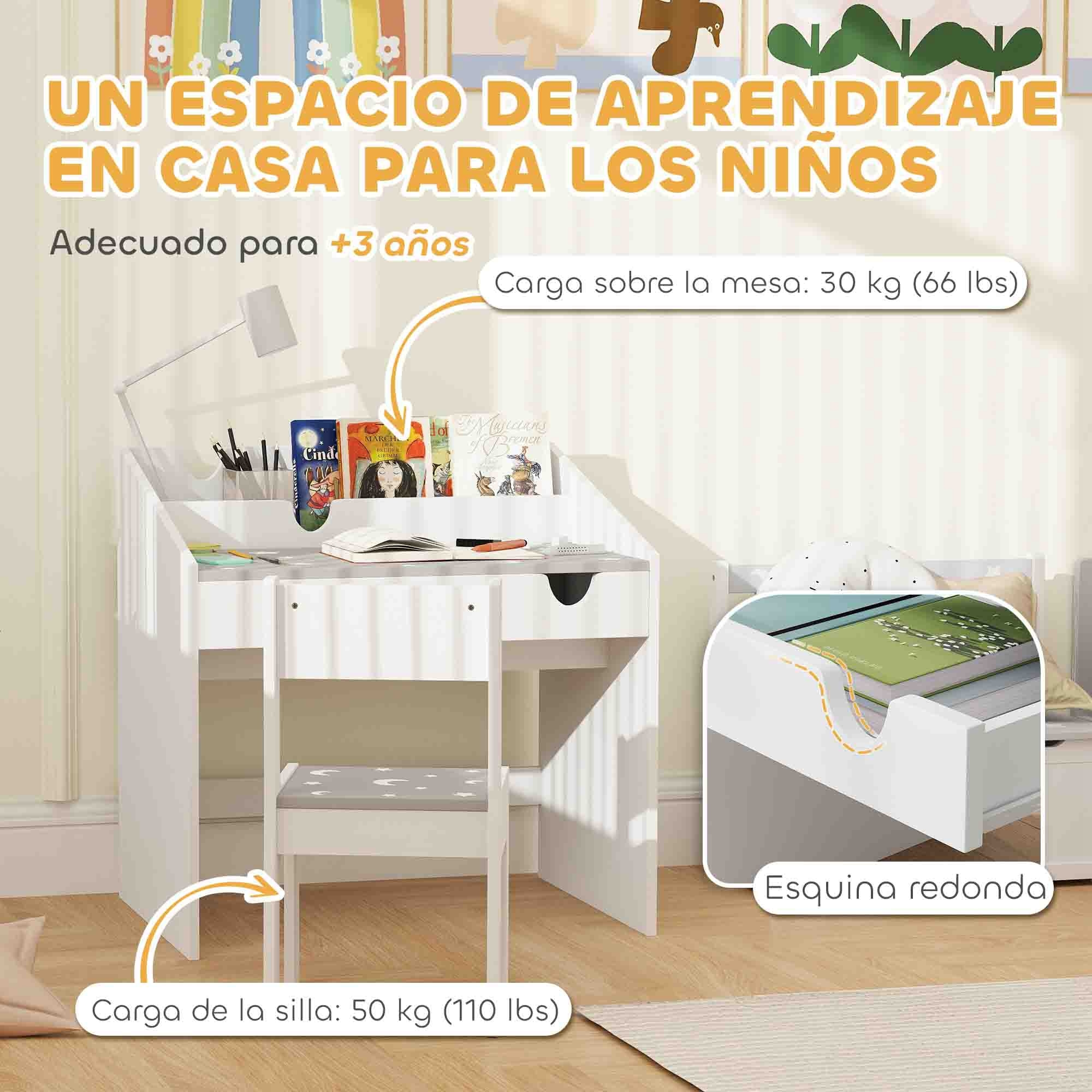 Juego de Escritorio y Silla para Niños de +3 Años Pupitre Infantil con Cajón Extraíble y Compartimento para Dormitorio Sala Estudio Gris y Blanco