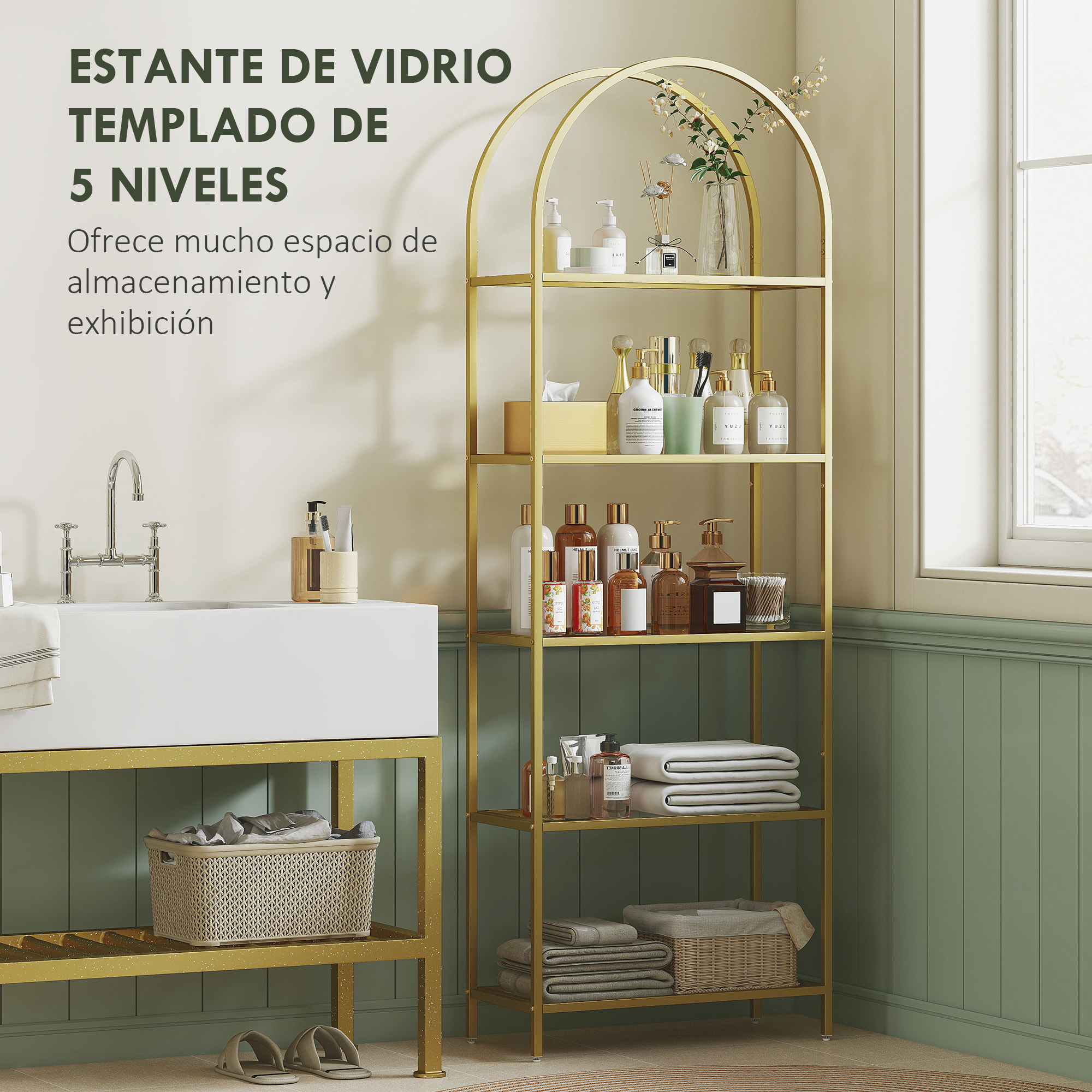 Estantería de Vidrio Templado de 5 Niveles, Estantería Almacenaje, Estructura Arqueada, Librería Estrecha para Espacios Pequeños, Baño, Sala de Estar y Cocina, 60x30x175 cm, Dorado